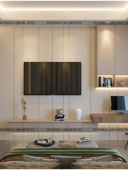 This parent's bedroom is designed for style and relaxation. The TV wall includes a compact study nook with integrated shelving, providing a functional workspace without compromising the room's restful ambiance.