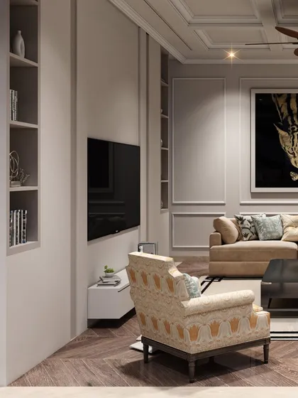 This angle shows the custom built-in shelving flanking the television, providing a clean and integrated solution for storage and display in the family lounge.