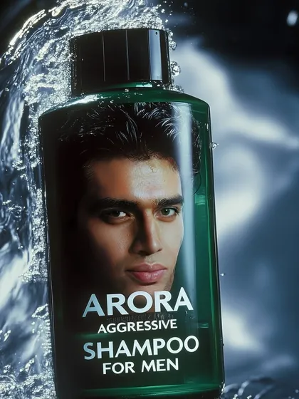 A fake 90s-style ad for 'Arora Aggressive Shampoo for Men'. This is from my 'Side-hustles' series, where I satirize vintage masculinity in advertising by inserting myself as the model.