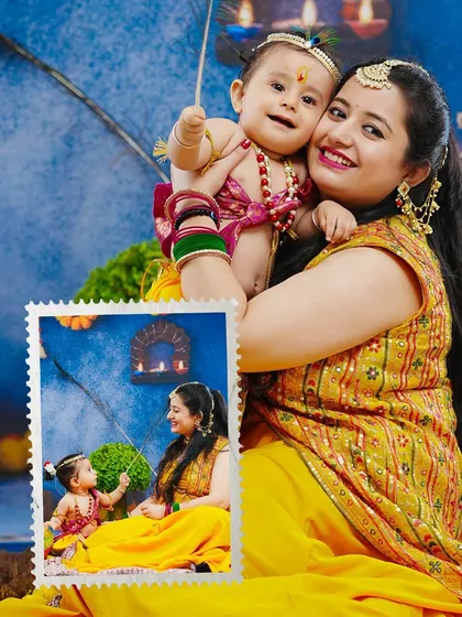 A mother shares a loving moment with her little Krishna. These sessions are a wonderful opportunity for parents to be part of the festive magic.