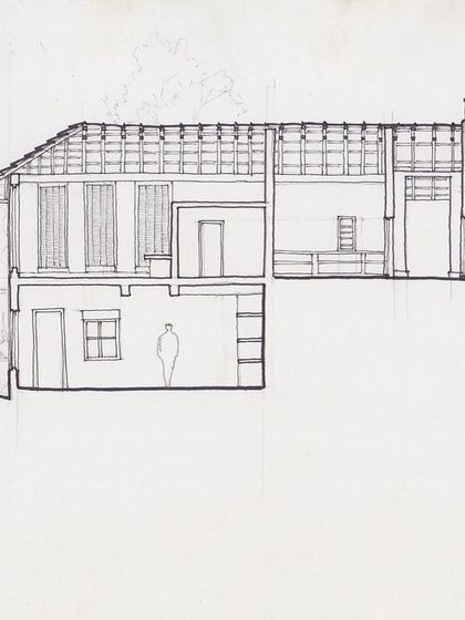 A detailed architectural section drawing of the PLENTI House. This technical drawing translates the initial concept into a buildable plan, showing the relationship between different floors and the terrain.