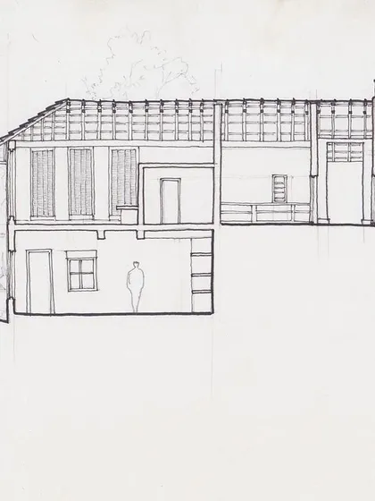 A detailed architectural section drawing of the PLENTI House. This technical drawing translates the initial concept into a buildable plan, showing the relationship between different floors and the terrain.
