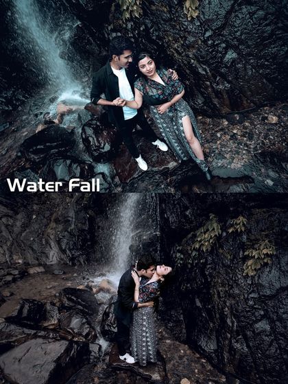 A collage showcasing a "Water Fall" themed shoot, with both posed and intimate moments against the dark, rocky backdrop.