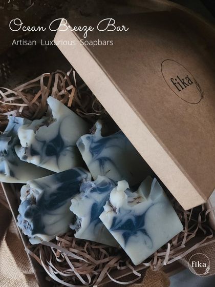 This is my Ocean Breeze Bar, an artisan soap inspired by the beaches of Mumbai. I use natural indigo powder to create the beautiful blue swirls that mimic the waves of the ocean, giving it a bright and refreshing feel.