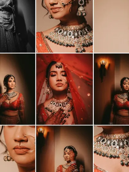A detailed collage of the bride's look. We focus on close ups of her jewelry, makeup, and expressions to capture every element of her royal beauty.