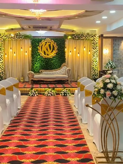 This is my indoor banquet hall at Ashirwad Banquets in Sahakar Nagar, set up for an elegant engagement ceremony. The versatile space can be decorated to match your theme, providing a fully air-conditioned, comfortable setting for your guests.