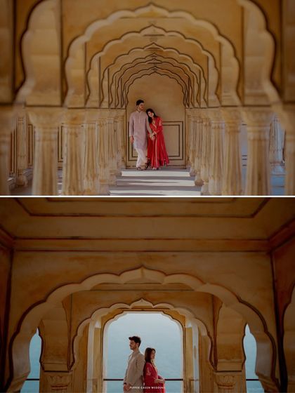 The stunning arches of Amber Fort in Jaipur create a beautiful, repeating frame for this elegant couple's pre-wedding portraits.
