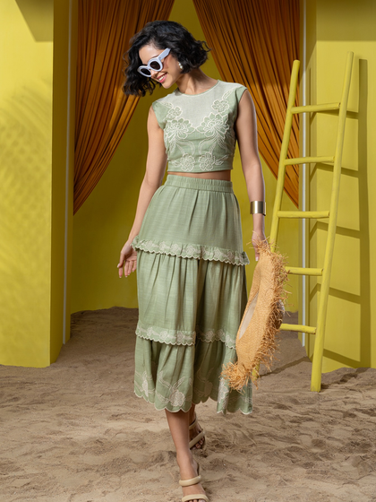 A dynamic shot capturing movement for Boho-Chic's tiered skirt set, showing how the garment flows.
