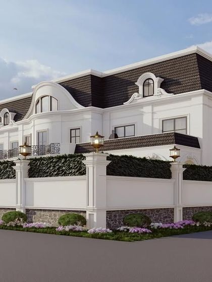 A corner view of the three-story classical home, highlighting its impressive height and the rhythm of its windows and balconies. The design is a perfect example of refined and elegant living.