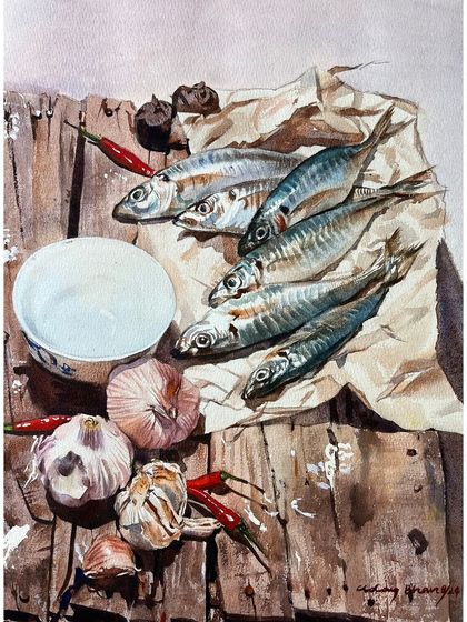 A rustic still life from my watercolor course, featuring fish, garlic, and chilies on a wooden surface. This piece is an exercise in capturing a variety of textures and a sense of raw, natural beauty.