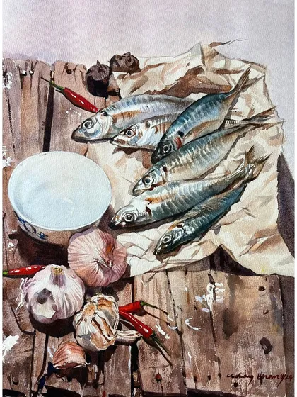 A still life composition featuring fish, garlic, and chilies on a wooden surface. This piece is a study in capturing the rustic textures and varied shapes of everyday objects.