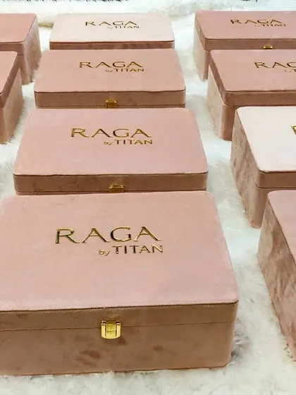 Another view of the multiple suede watch boxes for the Titan Raga launch. This project required meticulous attention to detail to ensure every single box was perfect for this high-profile collaboration.