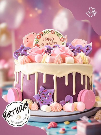 A pretty and playful drip cake in shades of purple and pink. This design is adorned with macarons, marshmallows, and star-shaped sprinkles for a fun and sweet celebration.