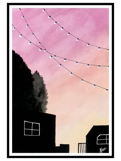 This painting captures the magic of a sunset sky strung with fairy lights. The silhouette of buildings against the soft pink and orange gradient speaks of quiet, beautiful moments in the city.
