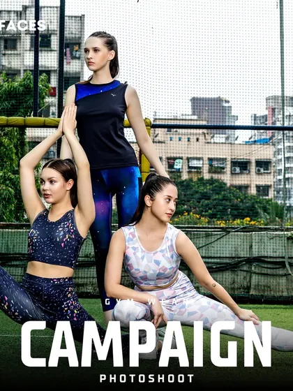 Three models in coordinated activewear pose dynamically on an urban turf field, showcasing a new collection for a gym wear brand. Our campaign photography captures the energy and performance of lifestyle brands in authentic, compelling settings.