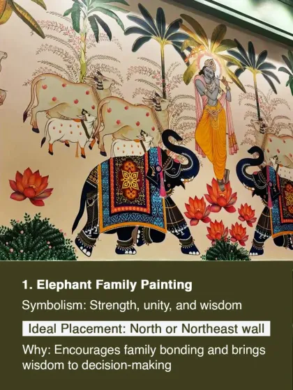 An elephant family painting symbolizes strength, unity, and wisdom. We recommend placing it on a North or Northeast wall to encourage family bonding and bring wisdom to decision making.