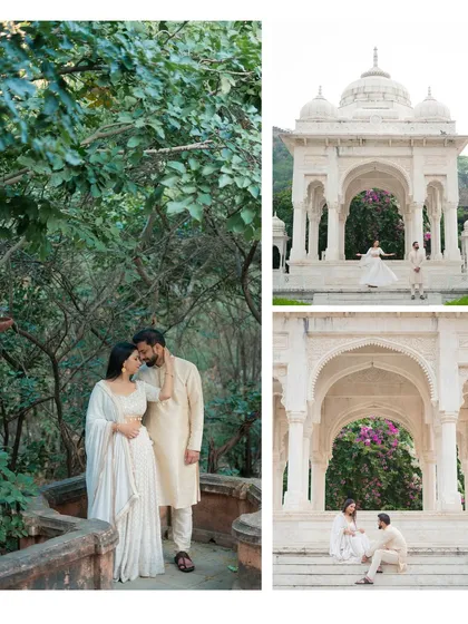A collage of Rajat and Surbhi's shoot in a lush green setting, contrasting with their royal palace photos.