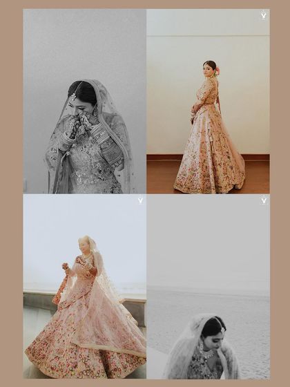 A collage of elegant bridal portraits in a soft pink lehenga. The mix of black and white and color, along with minimalist compositions, creates a timeless and artistic feel.