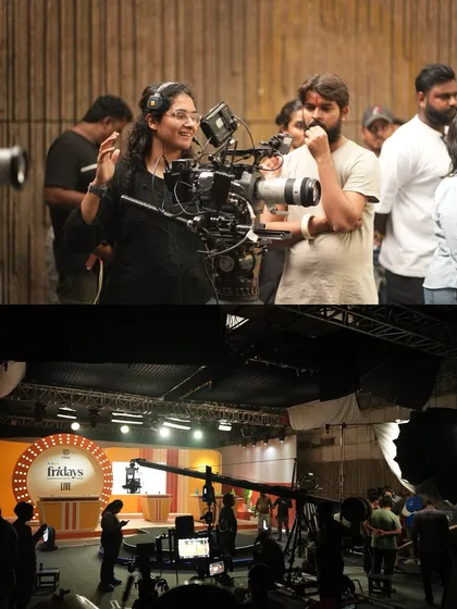 The camera and lighting setup for the CRED commercial. We used a multi-camera setup with extensive lighting rigs to achieve a polished, broadcast-quality look.