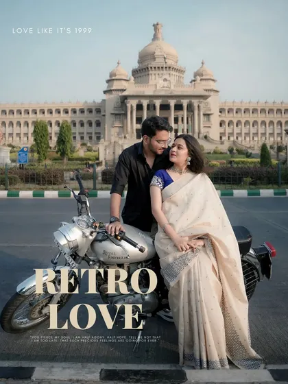 A touch of old-school romance against the iconic Vidhana Soudha in Bangalore. I love working with couples on themed shoots, like this retro concept with a classic bike, to create a pre-wedding album that is stylish and personal.