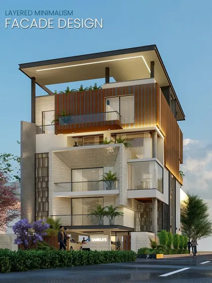 This modern facade is a study in layered minimalism. We composed a series of volumes and voids using vertical wood fins, recessed balconies, and textured white surfaces to create a dynamic play of light, shadow, and depth.