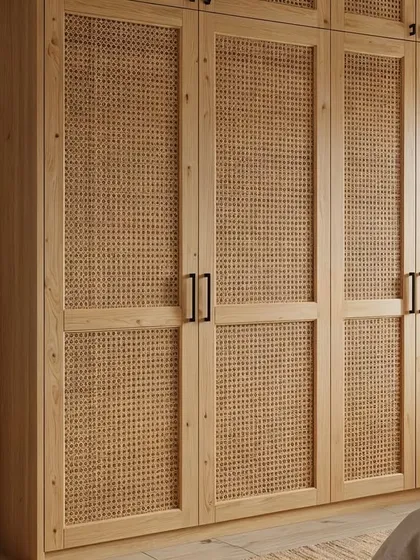A beautiful example of Japandi design, this wardrobe features natural wood and rattan panels, bringing warmth and texture to the bedroom.