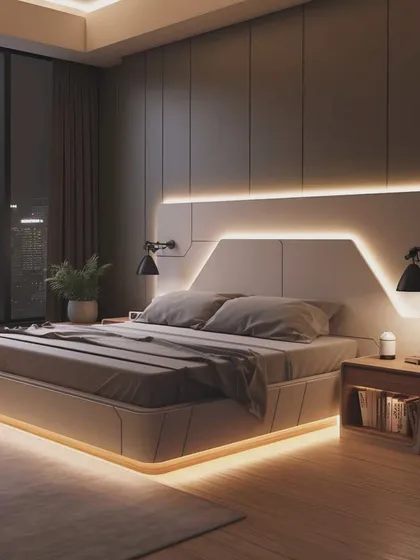 This futuristic bedroom concept features a custom headboard with geometric backlighting. The design includes integrated side tables and reading lamps, showing how I can create a unique and personalized sleeping space.