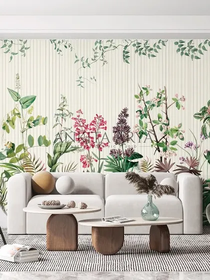 This garden-themed mural, designed for an informal living space, features a vibrant mix of foliage and birds. The design adds a cheerful, springtime feel and a personalized, creative touch.