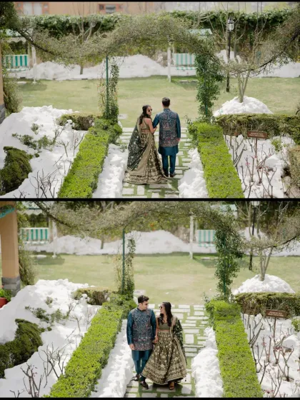 Two frames showing the couple walking through a garden in Manali. The path, flanked by snow and hedges, creates a beautiful leading line, drawing the eye to their happy interaction.
