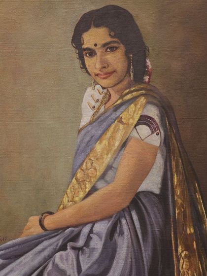 This late 1940s portrait by Travancore artist N.N. Nambiyar depicts "The Third Princess," Karthika Tirunal Indira Bayi. A follower of the Ravi Varma style, Nambiyar captures the grace of the Maharani's daughter, who was the first female royal in her family to obtain a college degree.