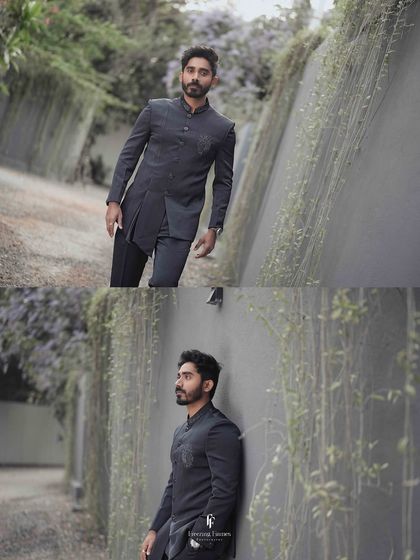 A diptych of the groom posing against a modern, ivy-covered wall, showcasing his sharp engagement attire.