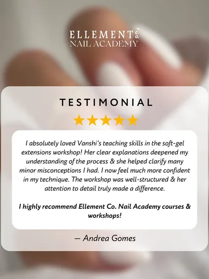 Makeup artist Andrea Gomes shares her feedback on our soft-gel extensions workshop. She loved the clear explanations and attention to detail that helped her feel more confident in her technique.