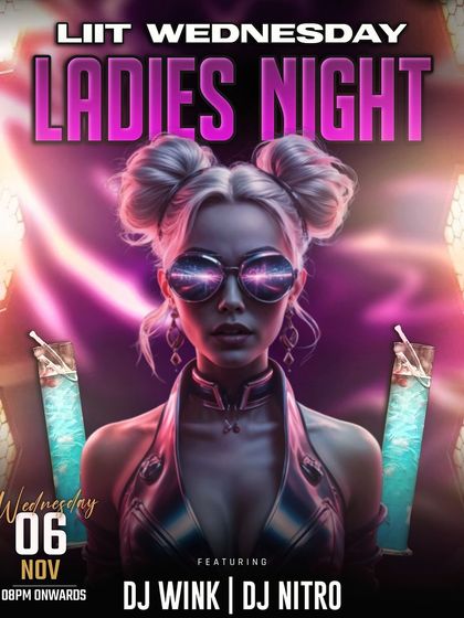 This poster for a Ladies' Night at Indigo XP showcases the fun, stylish vibe of my mid-week events, promising killer cocktails and great music.