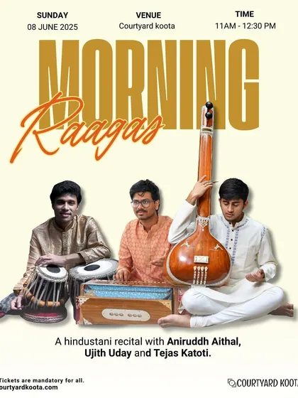 An announcement poster for our June events, featuring the 'Morning Raagas' concert. We ensure our community is always aware of the diverse musical experiences coming to our stage.