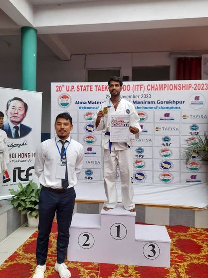 Somendra Rajpoot takes gold in the Senior Male Division at the 20th UP State Taekwon-Do Championship.
