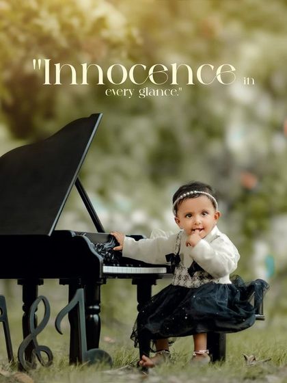 Innocence in every glance. A little girl in a black and white dress gently touches the keys of her mini piano in a green park.