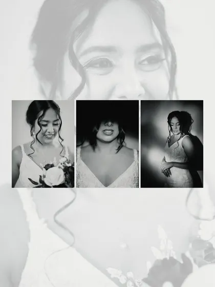 A collage of artistic, moody bridal portraits in black and white. These shots showcase a different, more introspective side of the bridal experience.