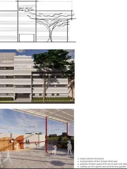A design proposal for the Holy Saint High School renovation. The concept includes a clean, modern facade, a scissor staircase to improve circulation, and a rooftop sports area and terrace garden.