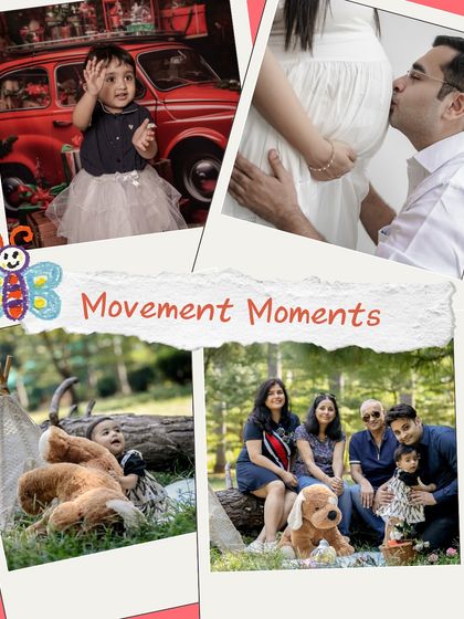 This collage, titled "Movement Moments," captures a variety of sessions including a maternity shot, a family portrait, and a child playing with props.