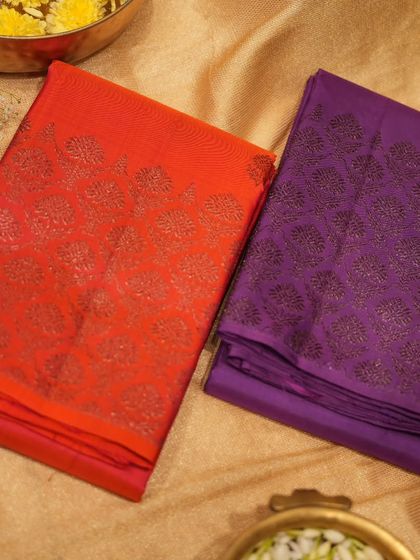 The rich jewel tones of our antique zari Kanjivarams, perfect for making a statement.