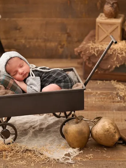 We created a charming rustic scene with a baby sleeping soundly in a vintage-style wagon, surrounded by hay and wooden props for a timeless, storybook feel.