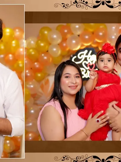 A photo album style layout featuring a father and daughter portrait alongside a happy family picture.