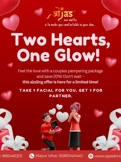 Two hearts, one glow. Feel the love with our couples pampering package and save 20%. For a limited time, buy one facial for you and get one free for your partner.
