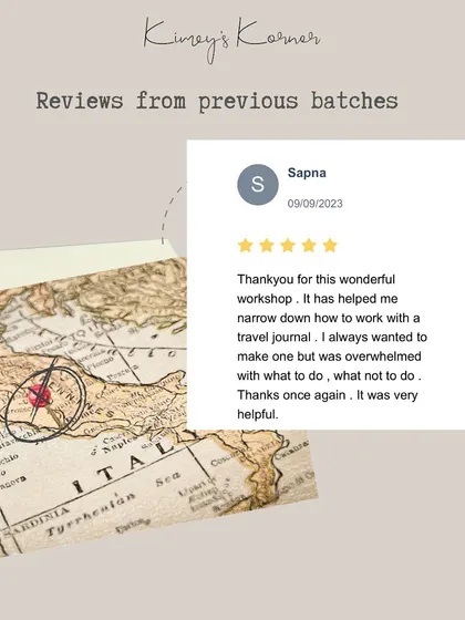 A testimonial from a past travel journaling workshop participant who found the session very helpful for narrowing down what to do.