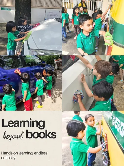 Learning goes far beyond books. Practical life activities like washing a car teach children coordination, responsibility, and the satisfaction of purposeful work. With soapy hands and sparkling minds, they learn valuable life skills while having fun.