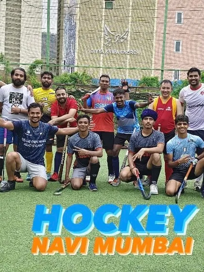 A happy group of players from our junior and adult batches. We are proud to be Hockey Navi Mumbai.