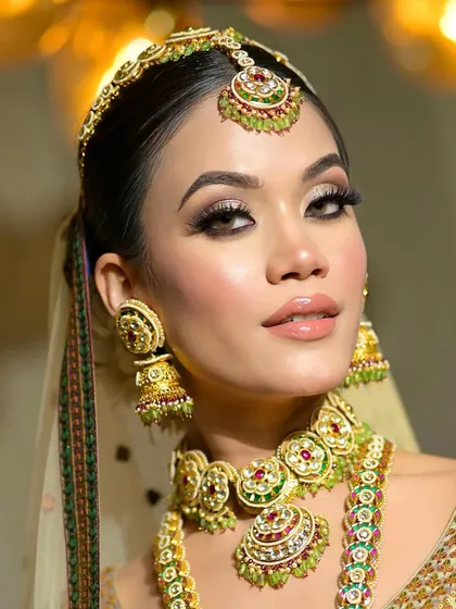 A classic bridal look featuring a smudged kohl eye. This technique creates a soft yet dramatic effect that beautifully defines the eyes.