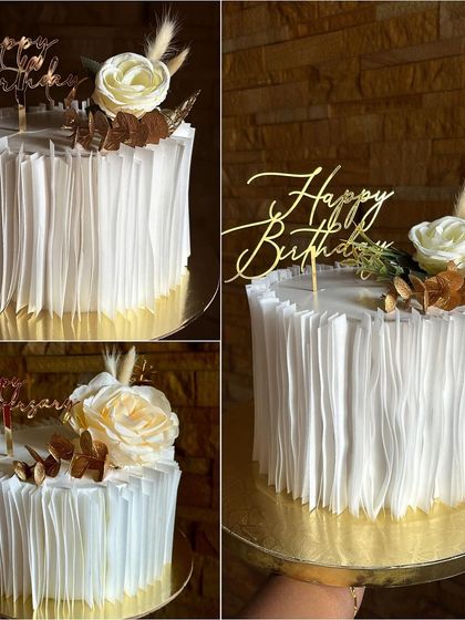 A collage showing different angles of our wafer paper ruffle cakes. The combination of white and gold is timeless and chic.
