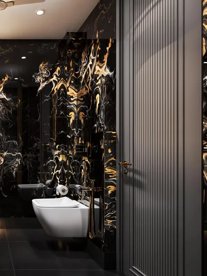 This shot highlights the fluted door and the seamless continuation of the dramatic marble, showcasing a cohesive and bold design.