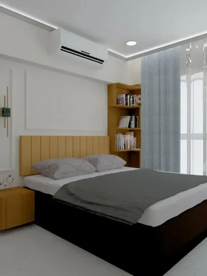This angle highlights the corner bookshelf and window, maximizing space and light.